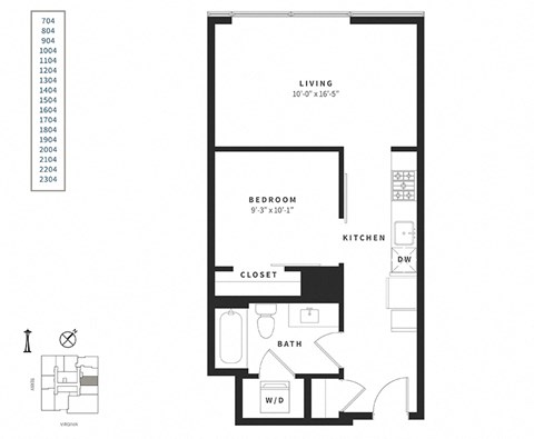 Floor plan for studio, 1 bath, 569 sqft